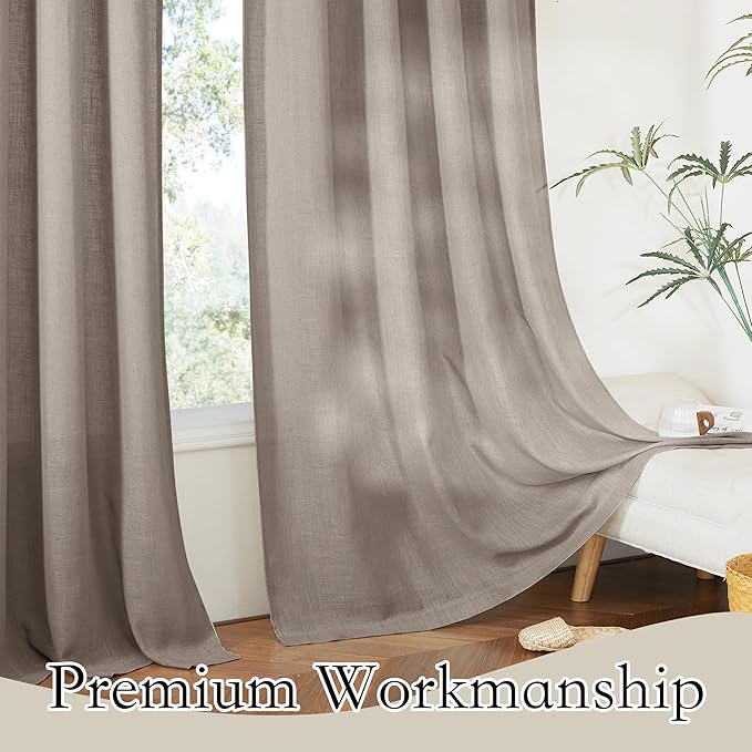 RYB HOME Solid Semi Sheer Curtains Rod Pocket Living Room/Bedroom, Linen Sheer Light Filtering Curtains 72 inches Long, Birch Brown, W 52 x L 72 inch Length, 1 Pair
