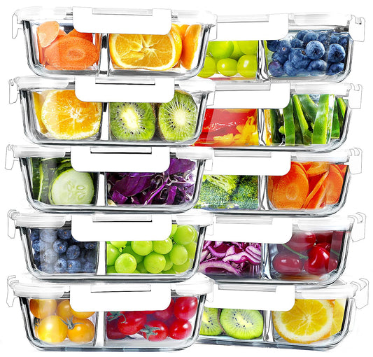 VERONES 10 Pack Glass Meal Prep Containers 2 Compartment Set, 30 OZ Airtight Glass Lunch Containers, Glass Food Storage Containers with Lids, for Microwave, Oven, Freezer & Dishwasher Friendly，White