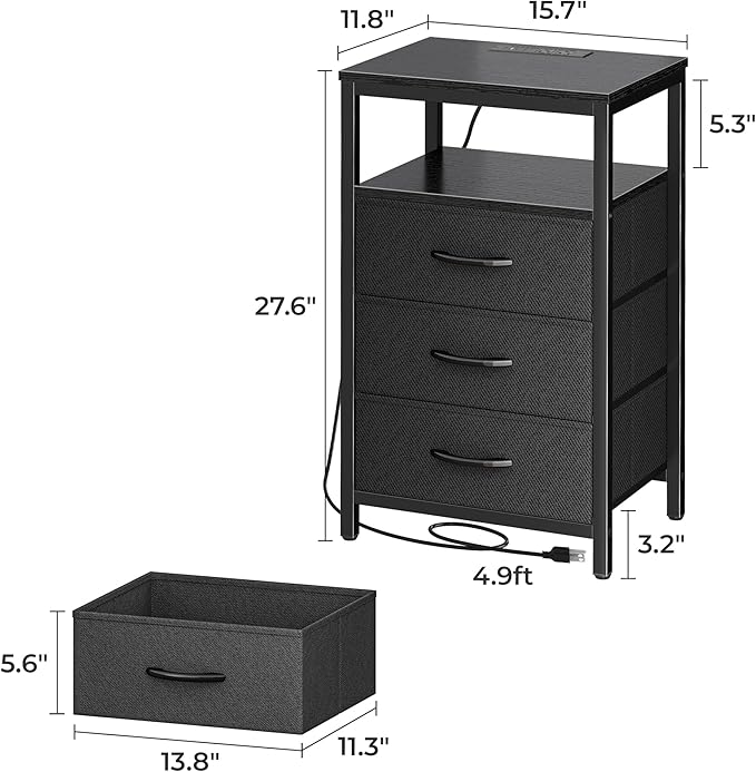 Huuger Nightstands Set of 2, 27.6 Inch End Tables with Charging Station, Bed Side Tables with Fabric Drawers, USB-C Port and Outlet, Night Stands for Bedroom, Black