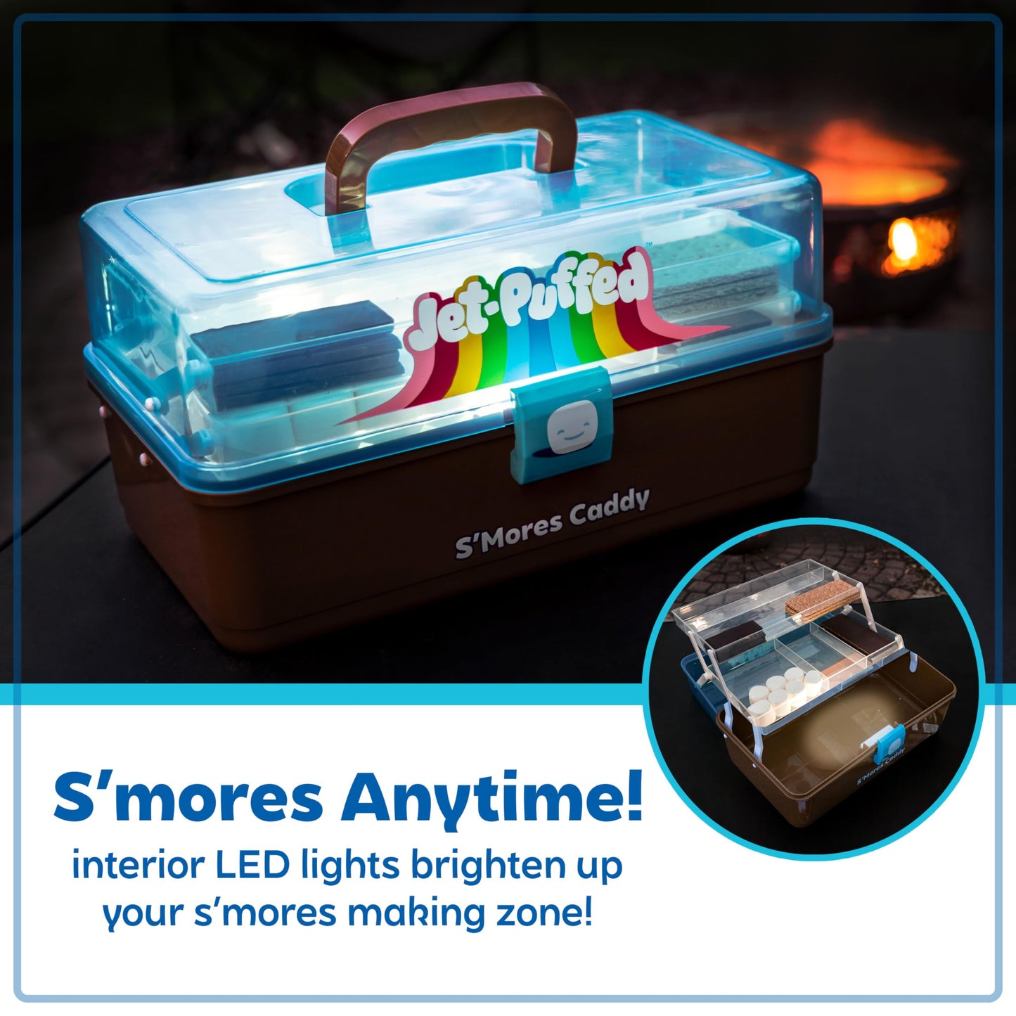 Nostalgia Jet-Puffed Lighted S’mores Caddy, Essential Marshmallow Roasting and S’mores Making Supplies for Camping, Vacation, and Backyard Bonfires, Carry Handle, Retractable Trays, and Carry Handle