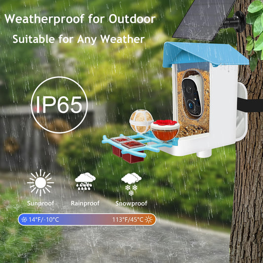64GB Smart Bird Feeder with Camera Solar Powered, AI Identify 10K+ Bird Aves, 2K 3MP HD Live Video &Playback on Phone, 2.4G WiFi Birdhouse Camera Wireless Outdoor-Watching House (Light Blue)