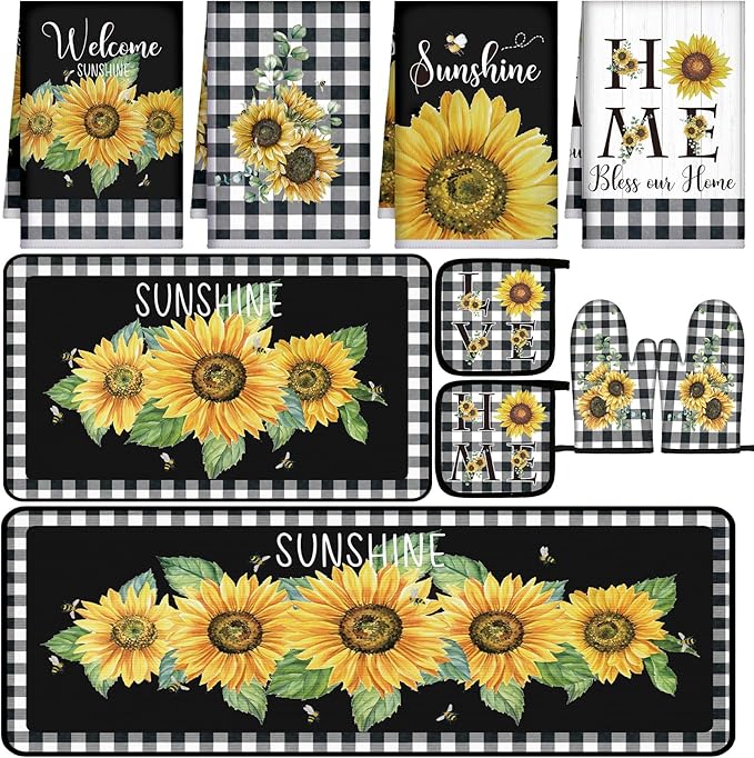 Fourluoo 10 Pcs Sunflower Kitchen Decor 4 White and Black Buffalo Plaid Kitchen Towels 2 Buffalo Check Pot Holders 2 Rustic Sunflower Oven Mitts 2 Yellow Rugs for Cooking Baking Mom Housewarming Gift