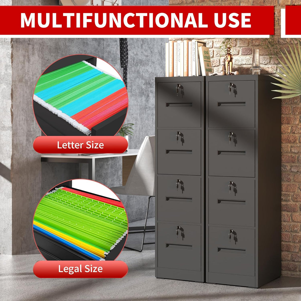 4 Drawer Metal File Cabinet with 4 Unique Locks Heavy Duty Locking File Cabinets Home Office Steel Filing Cabinet Vertical File Cabinets for Legal/Letter Size File,Assembly Required
