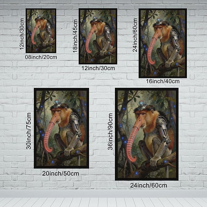 Framed Steampunk Mechanical Proboscis Monkey Wall Art - Jungle Neon Retro Poster for Apartment Leisure Area Decor 08x12in