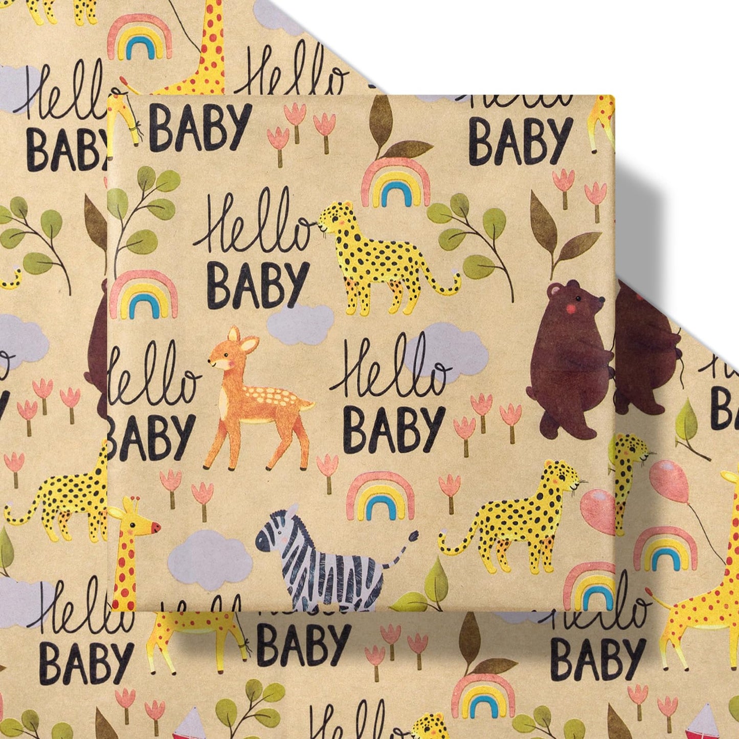 RUSPEPA 30" X 32.8' Baby Shower Wrapping Large Kraft Paper Roll, Jumbo Roll, Adorable Animal Design Kraft Gift Wrap Paper, Ideal for Baby Boy or Neutral Gift Wrapping, Kids' Birthday Party, 82 sq. ft.