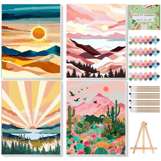 Ninonly Paint by Numbers Kit for Adults with Framed Canvas 4 Pack, Sunrise Paint by Number Arts Kits for Beginner with Wooden Easel, Acrylic Set, Brushes for Home Decor, 9 * 12 Inch
