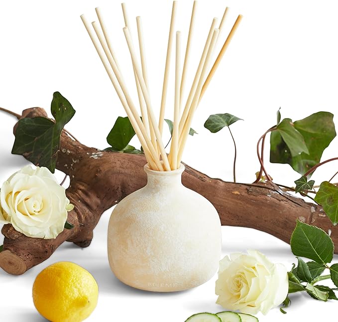 Blueme Renew Diffuser | Ivy & Rose | 16.91 Fl Oz - Refillable Wellness Diffuser, Contains Essential Oil, Sustainable, Hand Finished, Premium, Luxury Ceramic, Natural Rattan Reeds | Large