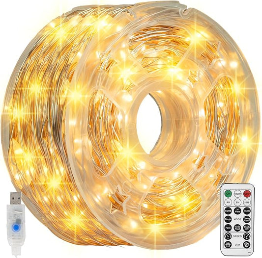 Dazzle Bright Fairy Lights, 66 FT 200 LED USB Power Photo String Lights with Remote, 8 Modes Waterproof Dorm Lights for Home Indoor Party Tree Yard Christmas Decorations (Warm White)