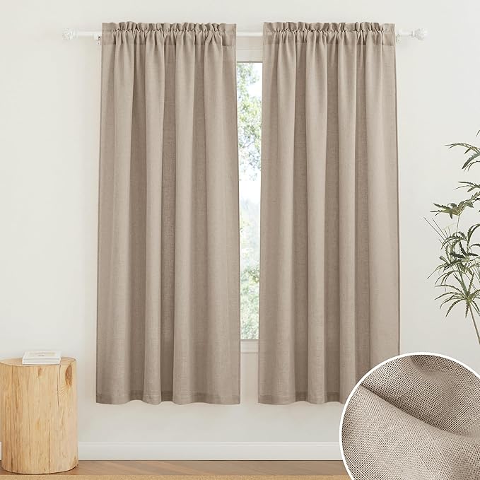 RYB HOME Linen Curtains for Living Room, Thick Linen Burlap 72 Inch Length Light Filtering Privacy Assured Breathable for Bathroom Dining Room Doorway, W 34 x L 72 inches, Khaki, 2 Panels Set