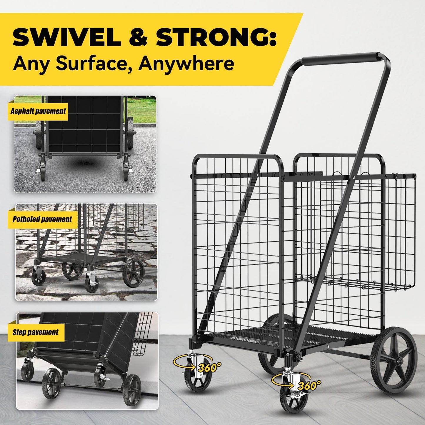 XING LANG 5.0 Cu Ft Folding Shopping Cart - 480 LB Capacity Grocery Cart with 360° Braked Swivel Wheels - Heavy Duty Utility Cart with Double Basket & Removable Waterproof Liner with Lid for Laundry