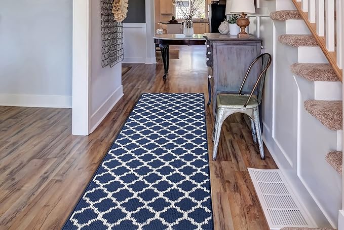 Custom Size Cut to Length Moroccan Trellis Design Runner Rug Mat For Wide Long Hallways with Non-Slip Rubber Backing, Better Traction for Pets, Prevent Slippage, Trellis Navy Blue, 31 inch X 9 feet