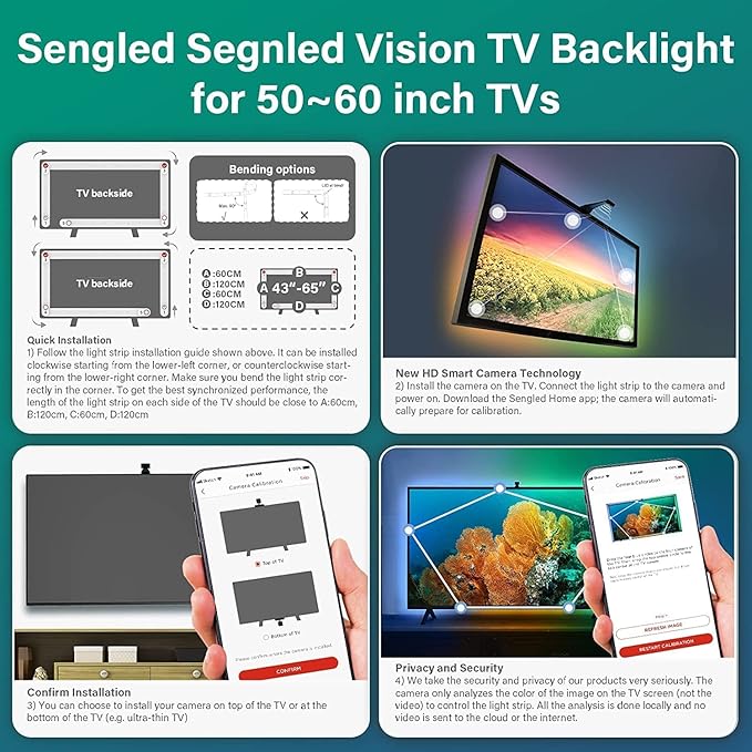 Sengled Envisual TV Led Lights(TV Sync Suppoorts Off-line), TV LED Backlights with Camera for 40-45 inch TVS, Smart Ambient WiFi RGB Lights, Works with Alexa & Google Assistant, App Control, Vision G2