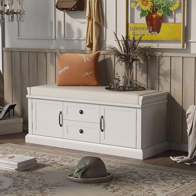 Merax Modern Wood Storage Bench with 2 Drawers and 2 Cabinets for Living Room Bed Room Entryway White