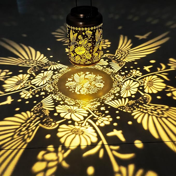 Solar Lanterns Outdoor Waterproof,Hummingbird & Gesang Flower Lights,Metal Hanging Garden Decor Outside,Yard Art Decorations for Patio,Pathway,Gardening Birthday Gifts for Mom,Women,Grandma