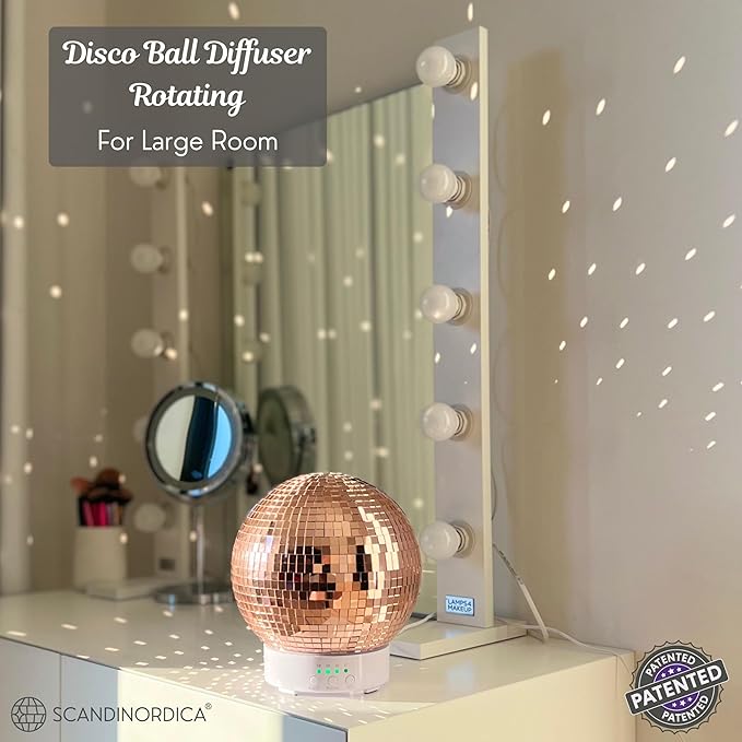 Disco Ball Diffuser Rotating - 300 ML Oil Diffuser Essential Oils, Quiet Oil Diffusers, Night Light and Timer, Disco Ball Table Decor, Plant Room Decor | Aromatherapy Diffuser for Large Room Rose Gold