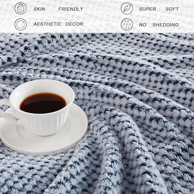 Exclusivo Mezcla Fleece Throw Blanket Extra Large, Super Soft and Warm Blankets for Couch, Sofa and Bed Waffle Textured, Cozy, Fuzzy and Lightweight (Mixed Navy Blue, 50x70 Inches)
