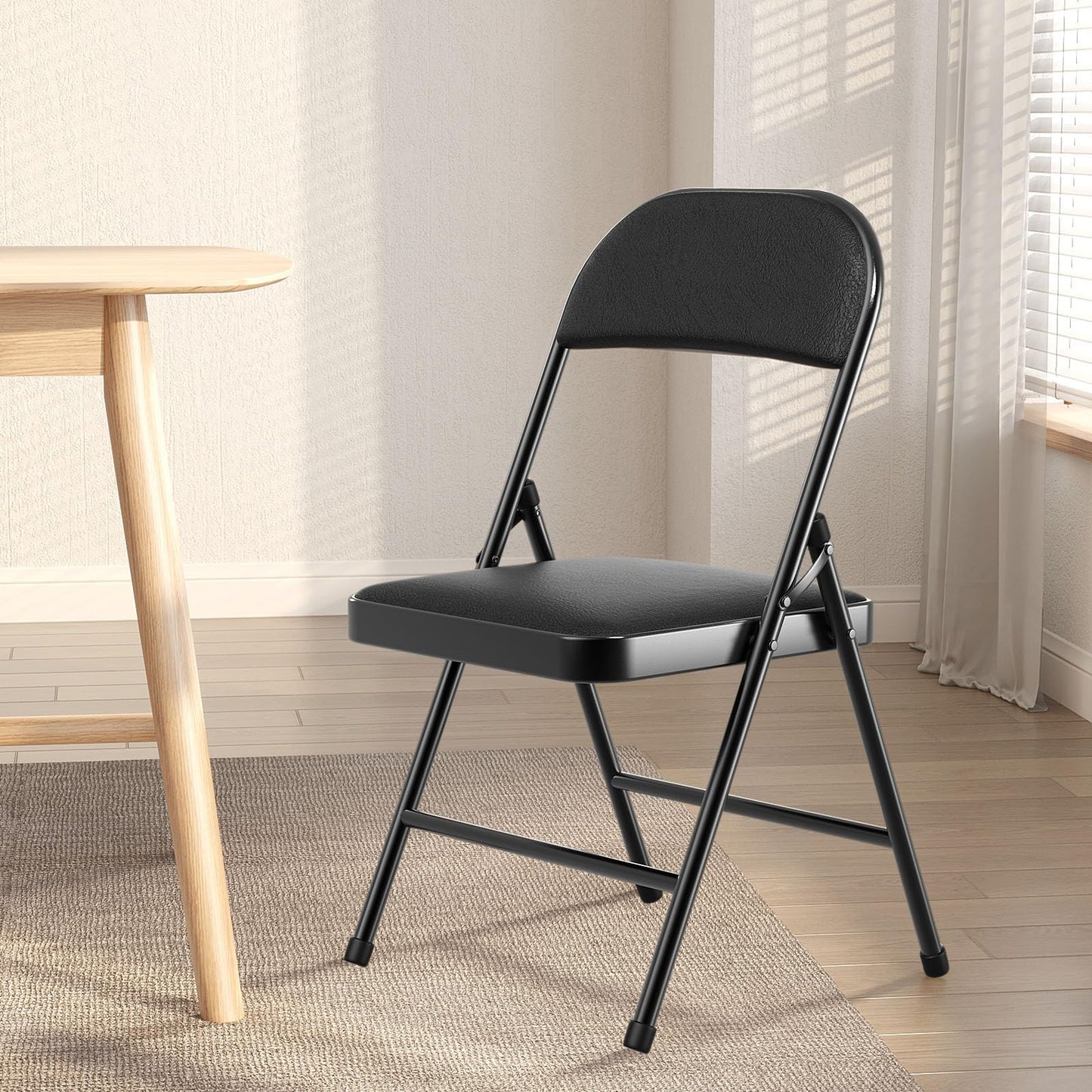 Nazhura 4 Pack Folding Chairs with Padded Cushion and Back, Khaki Metal Chairs with Comfortable Cushion and Durable Steel Frame for Home and Office, for Indoor and Outdoor Events (Black, 4 Pack)