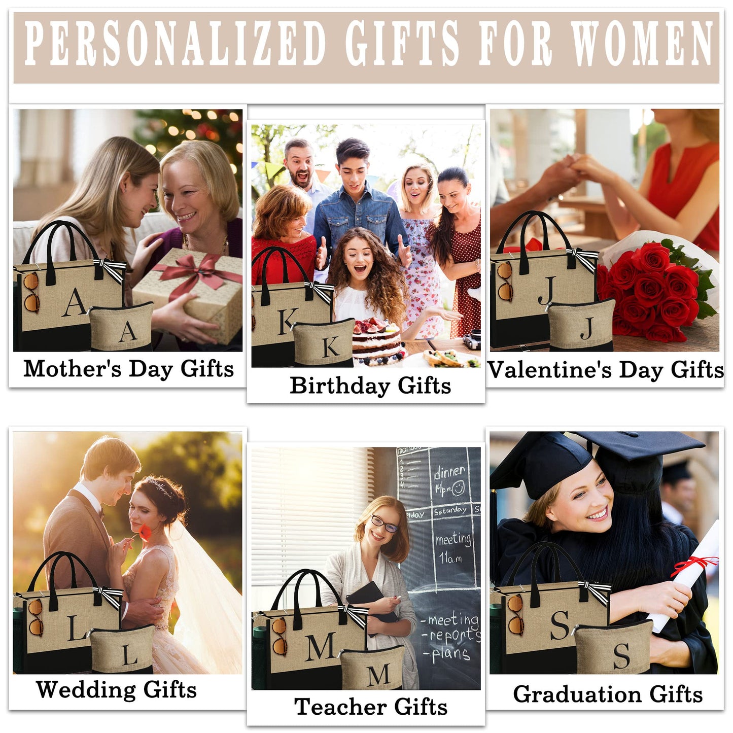 YOOLIFE Birthday Gifts for Women - Gifts for Women Teacher, A Initial Beach Bag Gift for Friend Sister Mom Birthday Personalized Gift for Her Wife, Jute Initial Beach Tote Bag