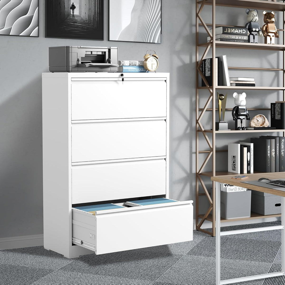 File Cabinets 4 Drawer,Metal Office Storage Filing Cabinet with Lock,White Lateral Filing Cabinet for Home Office,Horizontal Locking File Cabinets for Legal/Letter/A4,Assembly Require,White
