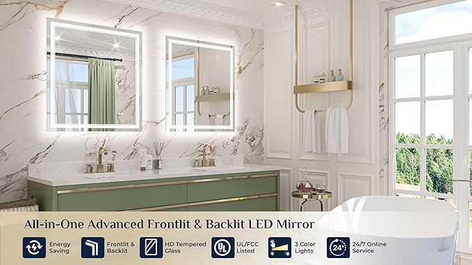 Keonjinn 32" x 36" LED Bathroom Mirror, Frontlit & Backlit Bathroom Mirror with Lights, 3 Color Lights, Dimmable, Defogging, Tempered Glass, Smart Memory Function, Light Up Mirror for Wall