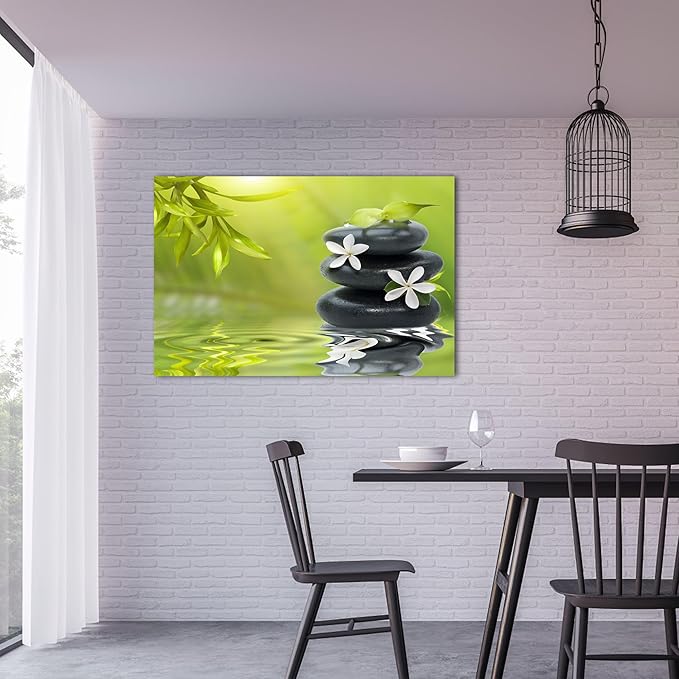 GUTTATY Zen Wall Art Decor, Modern Bathroom Zen Decor Wall Art, Canvas Wall Art for SPA Zen Room Decor, Green Bamboo Leaves and Pebble Relaxing Zen Art Prints for Office & SPA Wall Decor 24x36 Inches