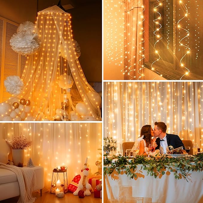 Minetom Curtain Lights, 300 LED Dimmable Fairy Lights with Remote and Timer, 8 Modes, USB Powered String Lights for Room Wall Party Xmas Indoor Decor, Orange