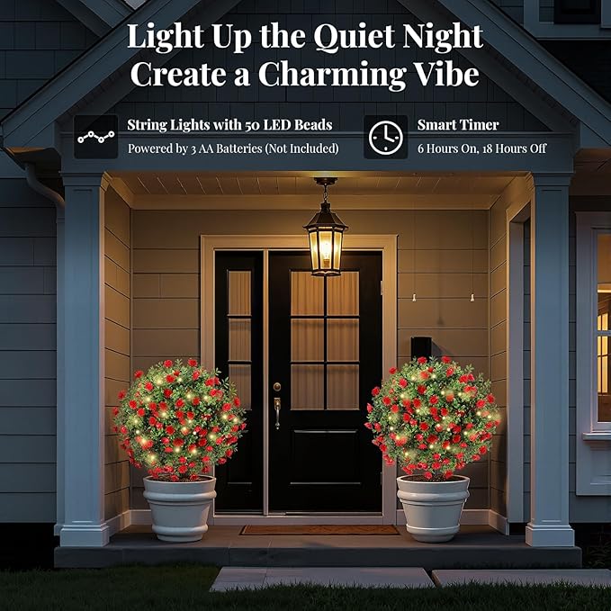 Lewondr Artificial Red Flowers Boxwood Topiary Ball with LED Lights,23.6'' Artificial Shrub Bushes with Ground Spike,UV Resistant Faux Greenery Shrubs,Fake Plants for Indoor Outdoor Garden Patio Decor