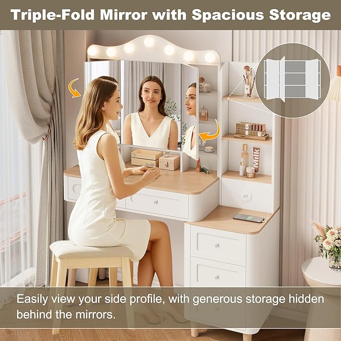 Vanity Desk with Mirror and Lights,Makeup Vanity with 2 USB Power Strip,Vanity Set with Two Drawers and Three-Drawer Chest, 3 Lighting Modes Adjustable Brightness, Foldable Three-Sided Mirror