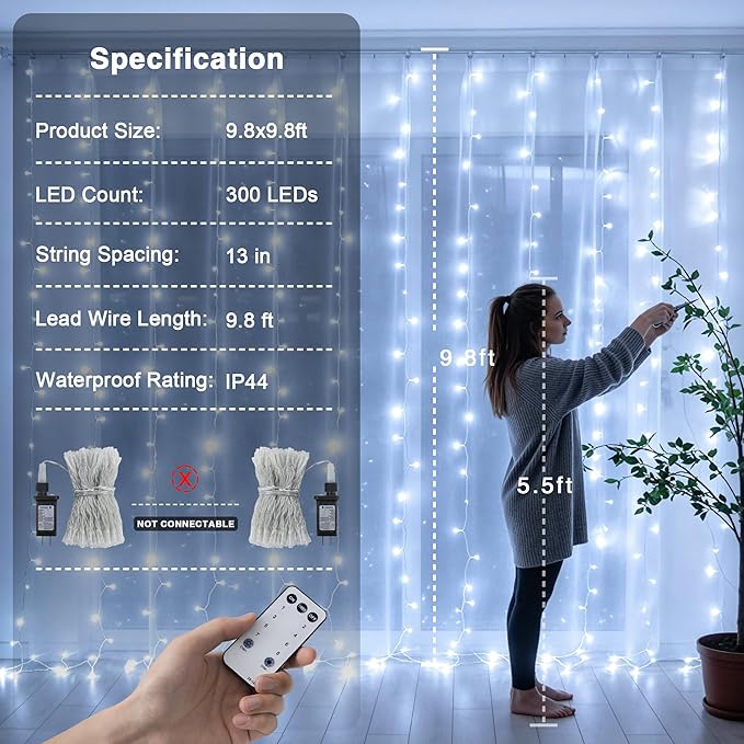 JMEXSUSS 300 LED 9.8x9.8Ft Curtain Lights Indoor with Remote, White Christmas Lights Plug in, 8 Modes White String Lights for Bedroom Wall Wedding Reception Dorm Party Backdrop Window Outdoor Decor