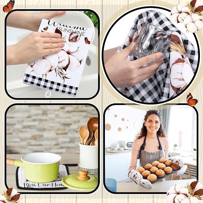 Fourluoo 10 Pcs Kitchen Set Kitchen Towels and Rugs Oven Mitts and Pot Holders Farmhouse Decor for Women Mom Gift Cooking Baking Grilling