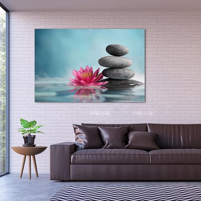 Zen Wall Art Decor, Modern Bathroom Zen Decor Wall Art, Large Zen Relaxing Canvas Wall Art for Spa Room Decor, Black Pebble and Pink Flower Zen Art Prints for Office & Spa Wall Decor 32x48 Inches