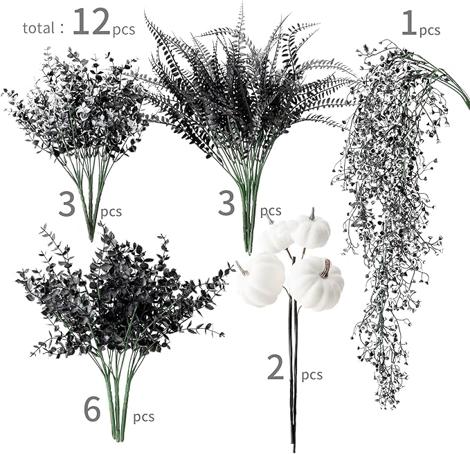 12Pcs Outdoor Artificial Boxwood UV Resistant Fake Stems Plants, Black Artificial Flowers Faux Flowers for Autumn Home Kitchen Wedding Table Centerpiece Halloween Thanksgiving Decorations