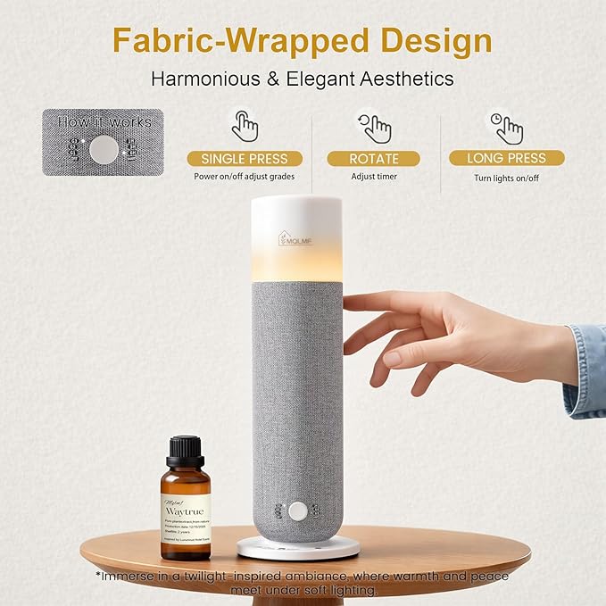Hotel Collection Diffuser Machine,Fabric-Wrapped Design,Candlelight Atmosphere Lamp,Whisper-Quiet,1000 Sq Ft,Scent Waterless Essential Oil Diffuser,Scent Air Machine Home - Grey