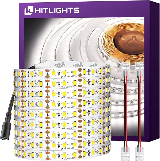 HitLights Cool White LED Strip Lights 5000K, 24.6ft High Density 12V Tape Light Dimmable, 900 LEDs, CRI >90, UL Listed, Flexible Rope Lights for Bedroom, Kitchen, Cabinet (Power Source Not Included)