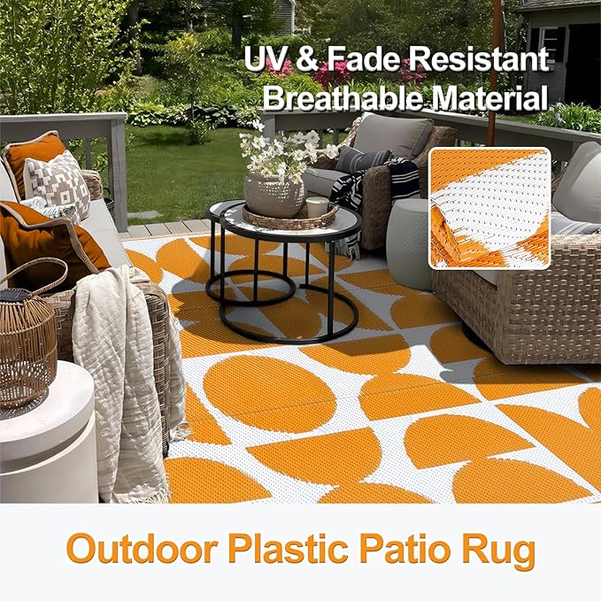 Wonnitar Outdoor Rug 6x9, Waterproof Patios Rug Reversible Plastic Straw Rug, Large Outside Area Rug, Portable RV Mat, Indoor Outdoor Carpet for Picnic Balcony Backyard Porch Deck (Orange,6'x9')