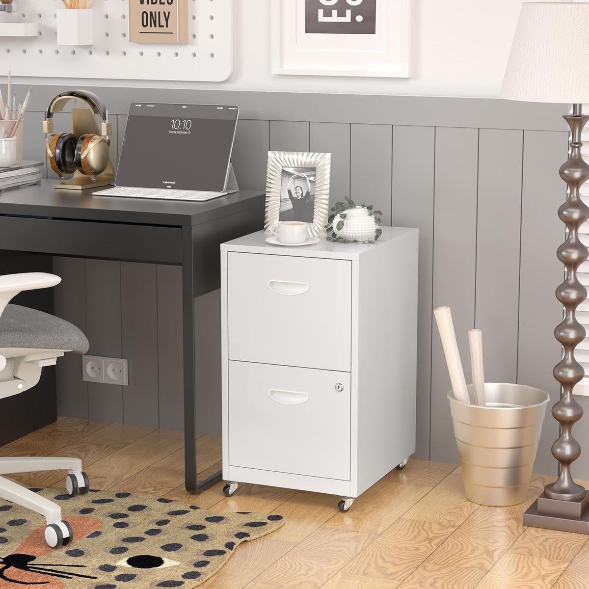 2 Drawer File Cabinet with Lock，White Rolling File Cabinet for Home Office, Metal Small Mobile Filing Cabinets on Wheels for Hanging Letter