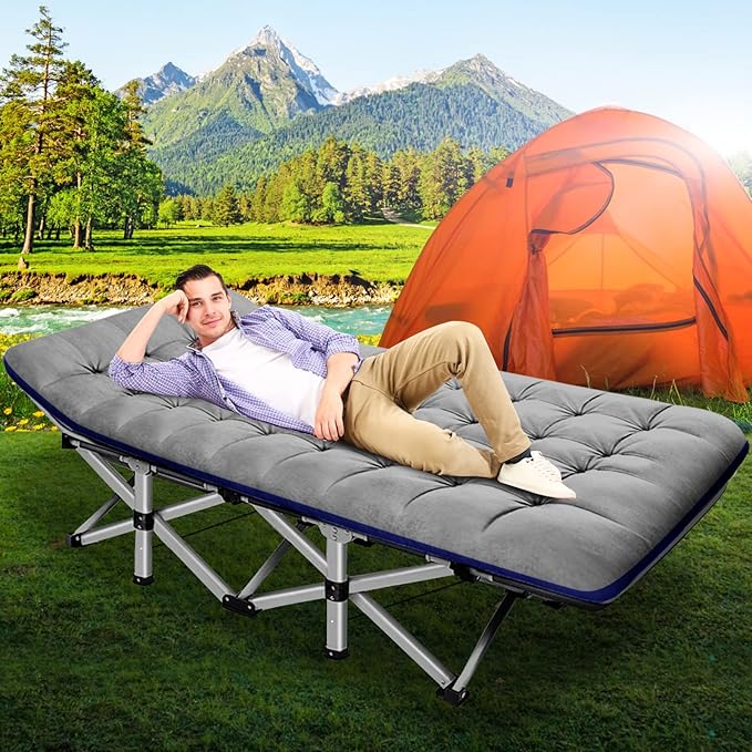 ABORON 2 Pack Folding Camping Cot W/Mat for Adults, Heavy Duty Outdoor Bed with Carry Bag,1200 D Layer Oxford Travel Camp Cots