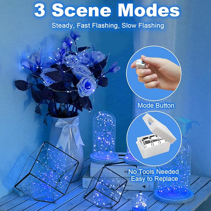 20 Pack Fairy Lights Battery Operated - 3 Speed Modes, 7Ft 20 LED String Twinkle Lights, Waterproof Copper Wire, Mini Firefly Light for Mason Jars Vases Christmas Decor,Blue