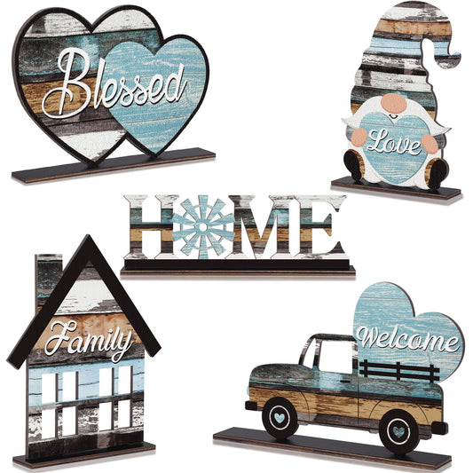 Blulu 5 Pcs Rustic Multicolored Wooden Table Sign Decorations Small Rustic Teal Farmhouse Decor Freestanding Welcome Family Blessed Love Home Letter Wood Tabletop Centerpiece Sign Table Room Shelf