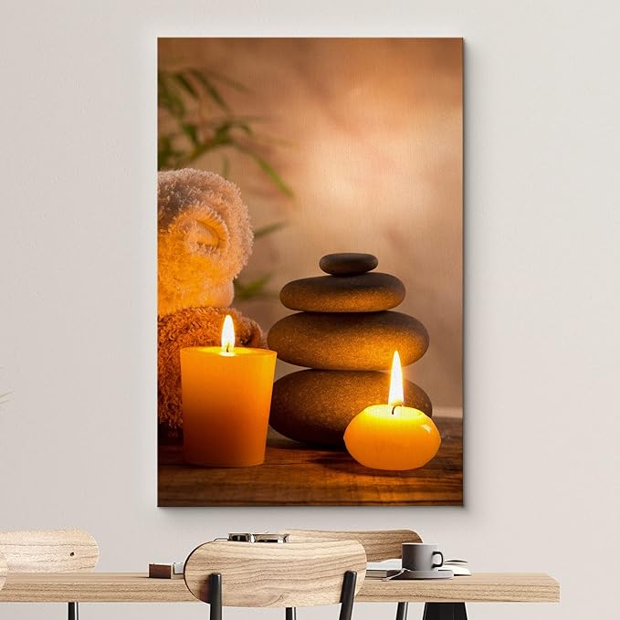 wall26 Canvas Print Wall Art Massage Stones with Atmospheric Candles Floral Nature Photography Realism Zen Scenic Relax/Calm Multicolor for Living Room, Bedroom, Bathroom, Office - 12"x18"