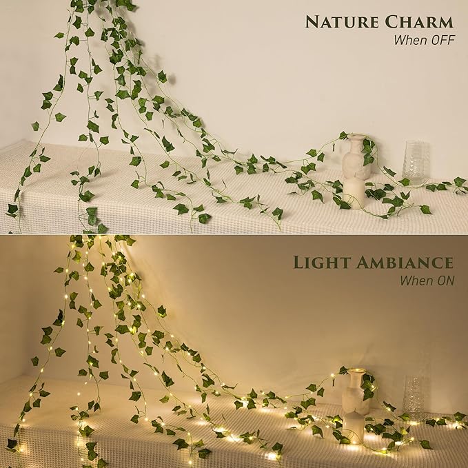 Indoor String Lights, 33ft Artificial Vine with 100 LED Fairy Lights, Battery Operated, Remote Control, 8 Lighting Modes, Green Leaf Decor