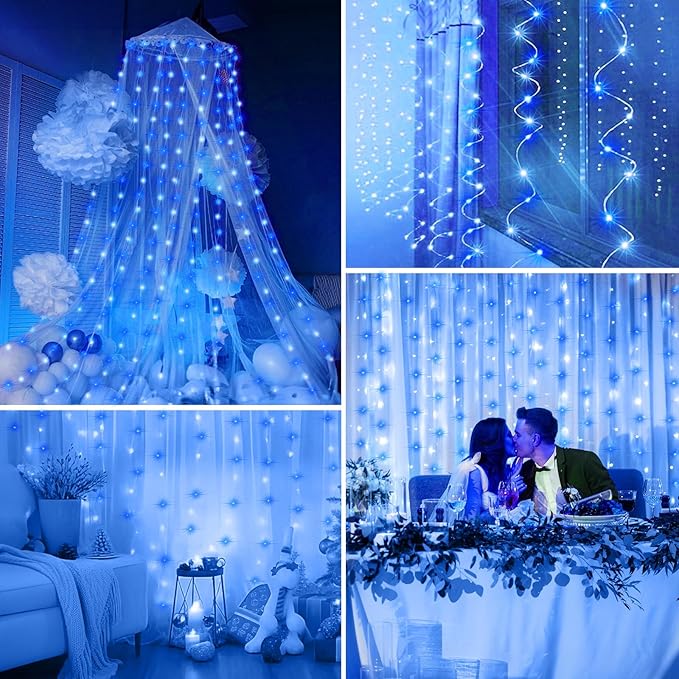 Minetom Curtain Lights, 300 LED Dimmable Fairy Lights with Remote and Timer, 8 Modes, USB Powered String Lights for Room Wall Party Xmas Indoor Decor, Blue & White
