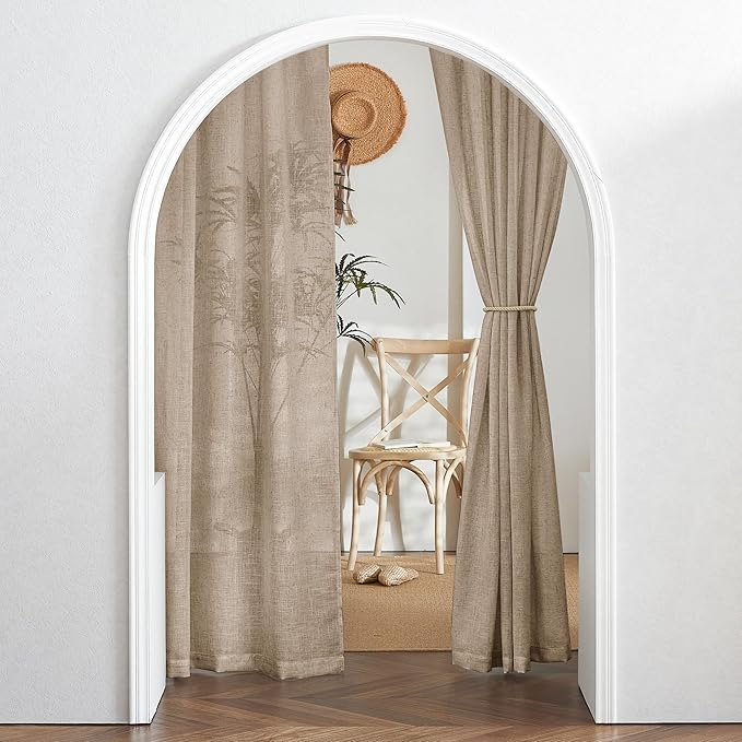 RYB HOME Light Filtering Linen Sheer Curtains, UV Privacy Protected Linen Blend Stain Resistant Burlap Panels for Farmhouse/Living Room/Dining Room, Khaki, Length 84 by Width 52 inch, 2 Panels