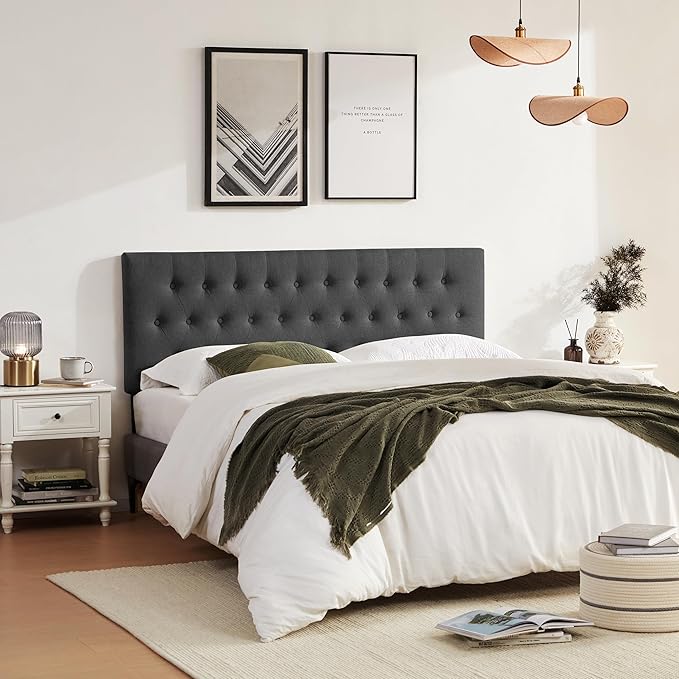 Tufted Upholstered Headboard King Size, Solid Wood Head Board with Durable Metal Legs, Adjustable Height Bed headboard from 37” to 51” Fabric Headboard in Modern Button Design (Black)