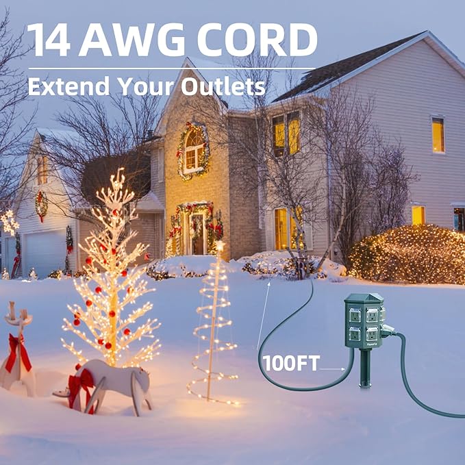 Outdoor Power Strip Timer Waterproof, Dusk to Dawn Light Sensor Countdown, 100FT Extension Cord, 6 Grounded Outlets for Graden and Yard Decorations, ETL Listed