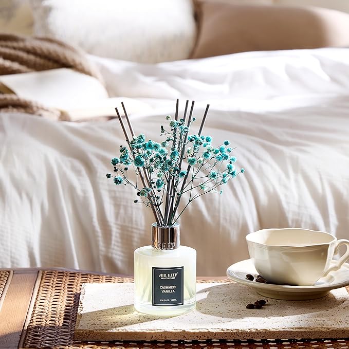 Airkeep Reed Diffuser Set,3.38 fl oz (100 ml) - Cashmere Vanilla Oil Diffusers with 8 Reed Sticks, Home Fragrance Reed Diffuser for Bathroom Shelf Decor