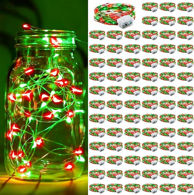 Aogist 100 Pack Fairy Lights 3 Modes 7ft 20 LED Waterproof,Battery Operated Silver Wire Firefly Starry Moon Mini String Lights for Mason Jars Christmas DIY Crafts Wedding Party Bedroom,Red&Green