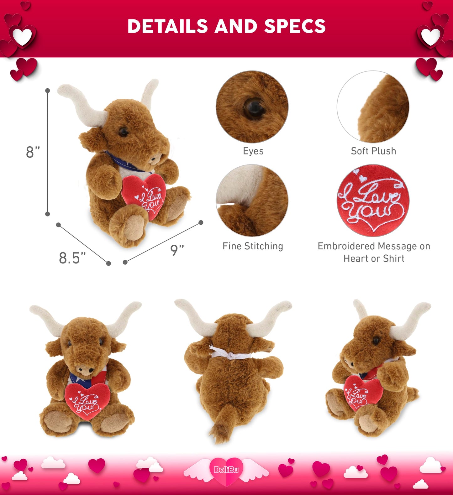 DolliBu I Love You Plush Texas Longhorn - Cute Stuffed Animal Texas Longhorn with Red Heart Plush for Valentines, Anniversary, Romantic Date, Boyfriend, or Girlfriend Gift - 8 Inches