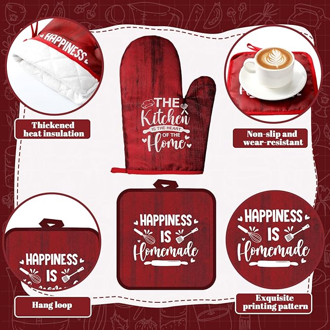 Fourluoo 10 Pcs Farmhouse Kitchen Decor and Accessories Set 4 Kitchen Towels 2 Pot Holders 2 Oven Mitts 2 Rugs for Cooking Baking Mom Housewarming Gifts(Red,Classic Style)