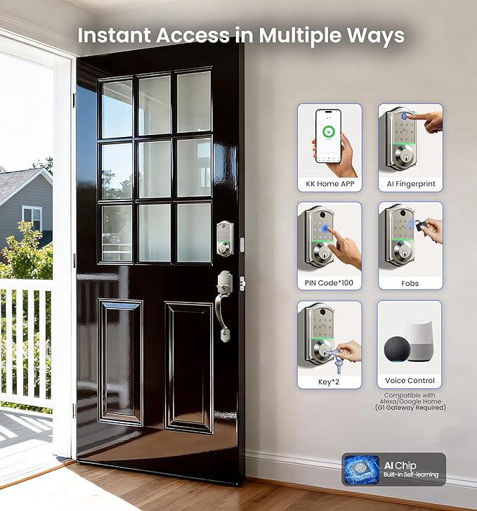 Veise VE017-H Fingerprint Smart Front Door Lock Set, App Control, 8-in-1 Keyless Entry Deadbolt with Zinc Alloy Handles, Emergency Power Port, Touchscreen Keypad, Auto Lock, Easy Install, Satin Nickel